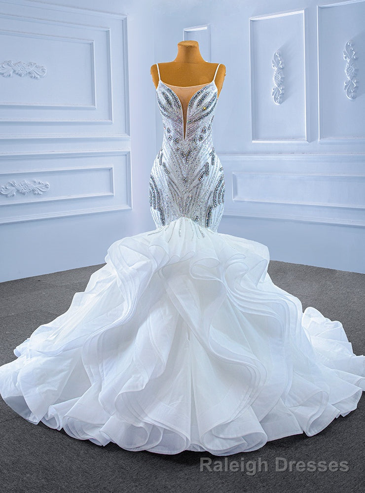 White Mermaid Spaghetti Straps Beading Crystal Wedding Dress