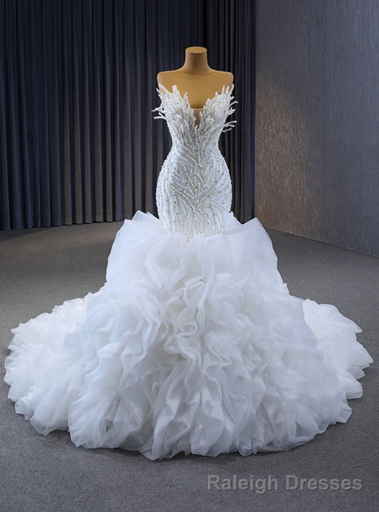 White Mermaid Strapless Beading Prom Dress