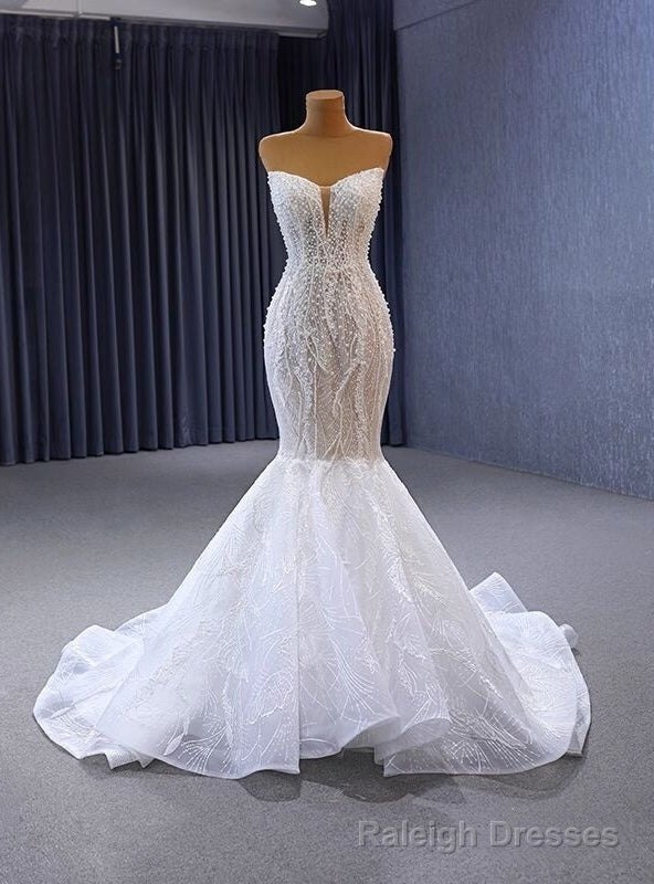 White Mermaid Strapless Pearls Wedding Dress Main image