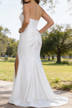 White Mermaid Sweetheart Corset Prom Dresses Long with Slit