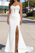 White Mermaid Sweetheart Corset Prom Dresses Long with Slit