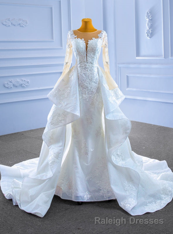White Mermaid Tulle Appliques Long Sleeve Wedding Dress Main image