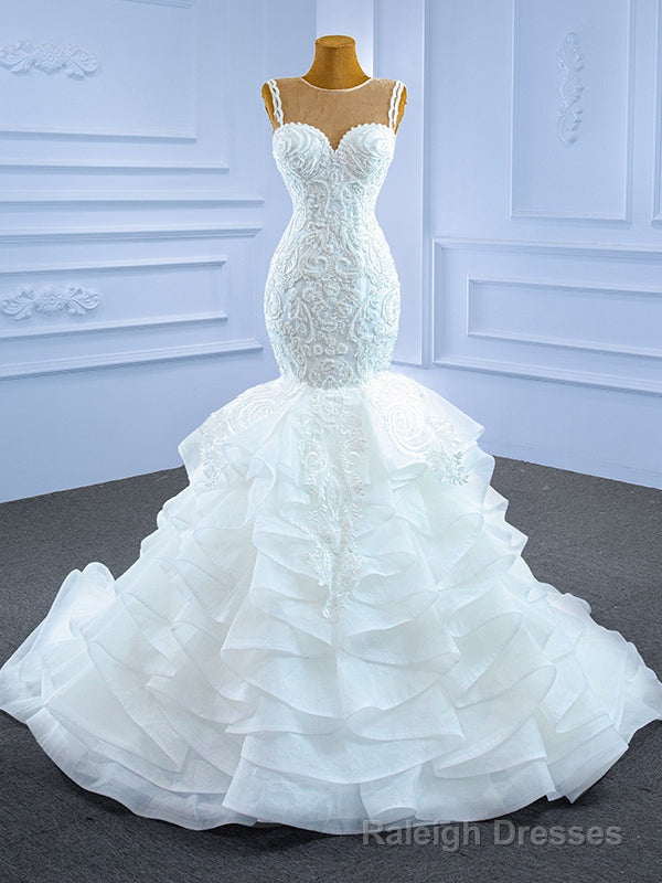 White Mermaid Tulle Appliques Wedding Dress