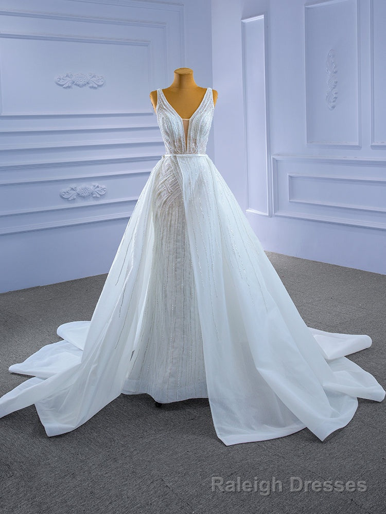 White Mermaid Tulle Beading Pearls V Neck Wedding Dress With Detachable Train Main image