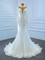 White Mermaid Tulle High Neck Long Sleeve Appliques Wedding Dress