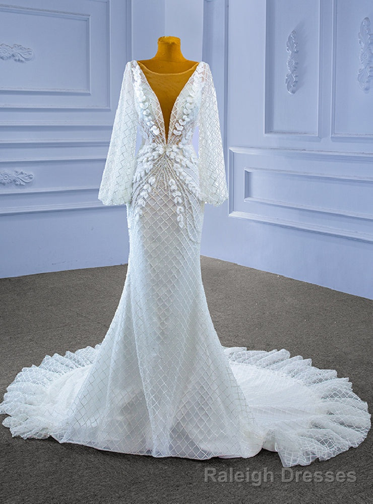 White Mermaid Tulle Long Sleeve Appliques Beading See Through V Neck Wedding Dress Main image