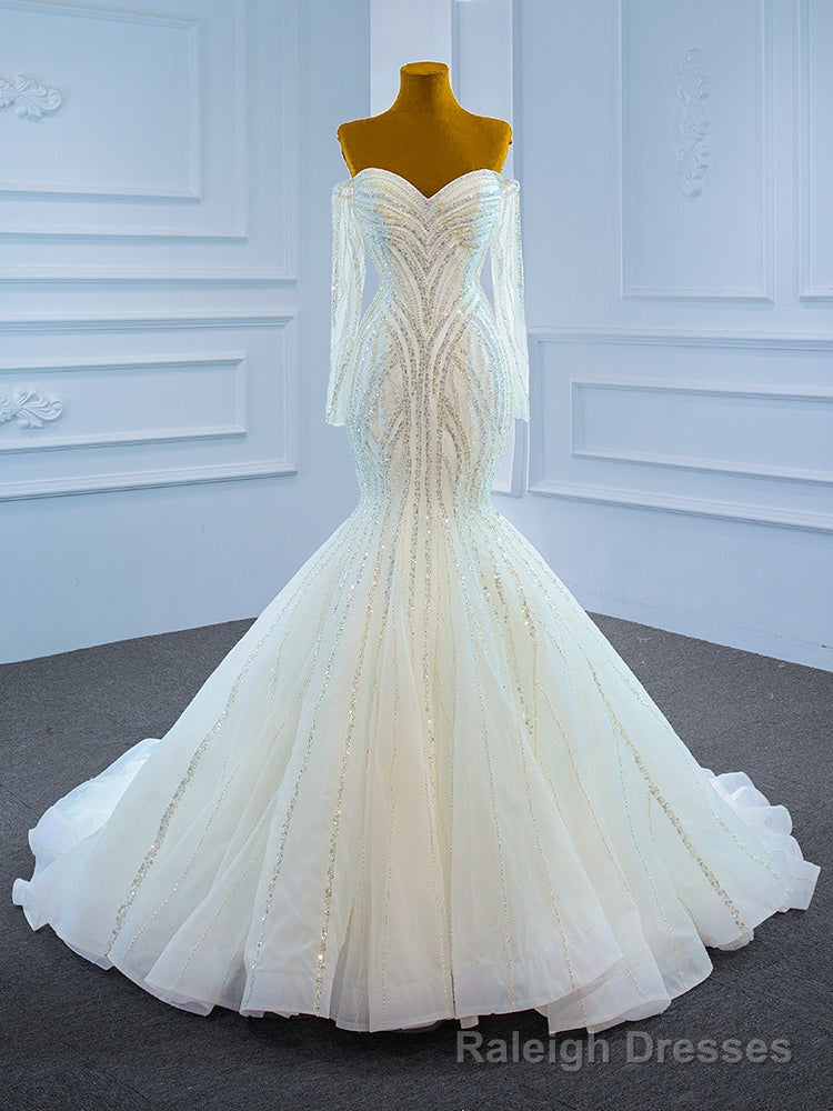 White Mermaid Tulle Long Sleeve Beading Sequins Wedding Dress