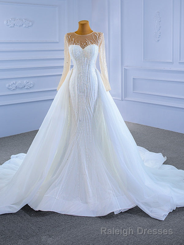 White Mermaid Tulle Long Sleeve Pearls Wedding Dress With Detachable Train Main image