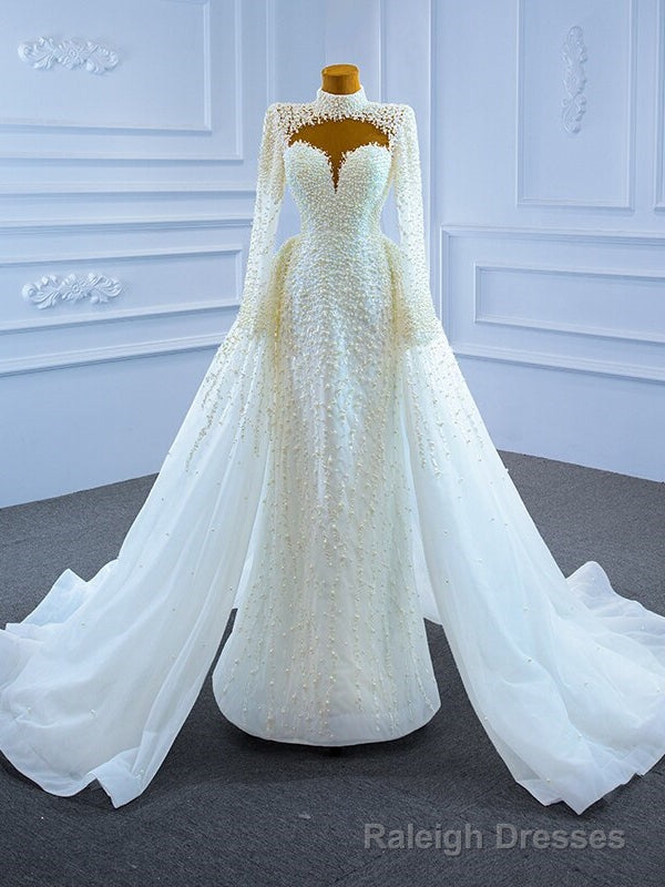 White Mermaid Tulle Long Sleeve Pearls Wedding Dress Main image