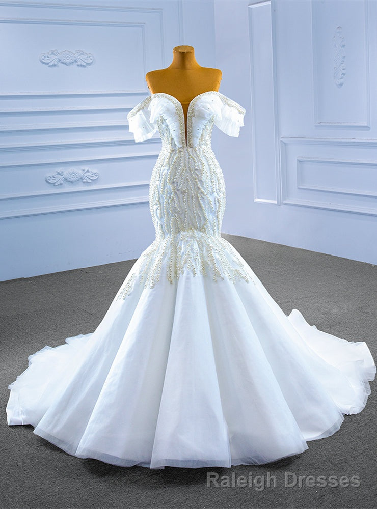 White Mermaid Tulle Off the Shoulder Pearls Wedding Dress Main image