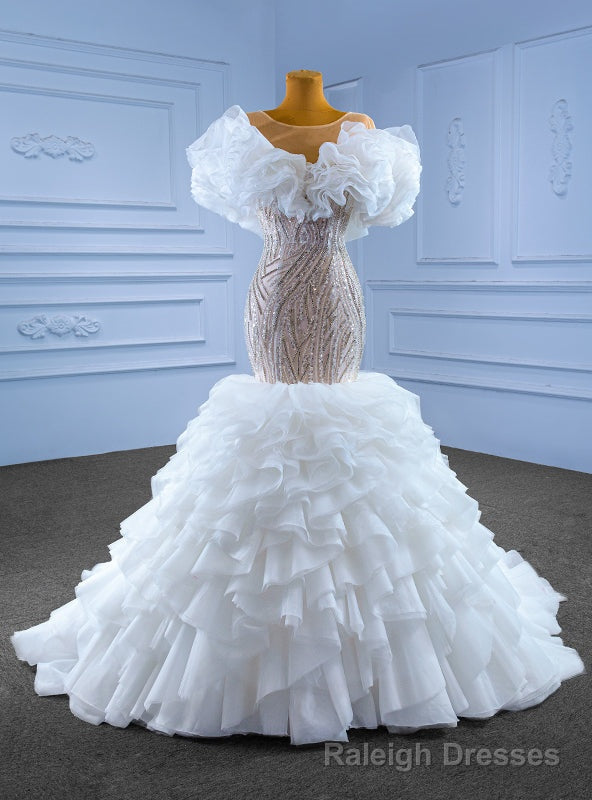 White Mermaid Tulle Sequins Beading Wedding Dress Main image