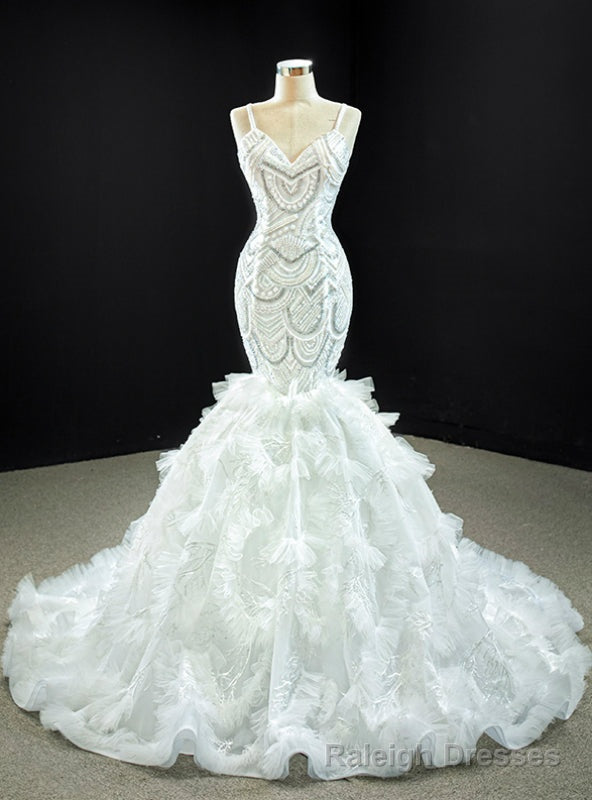 White Mermaid Tulle Spagehtti Straps Beading Sequins Prom Dress