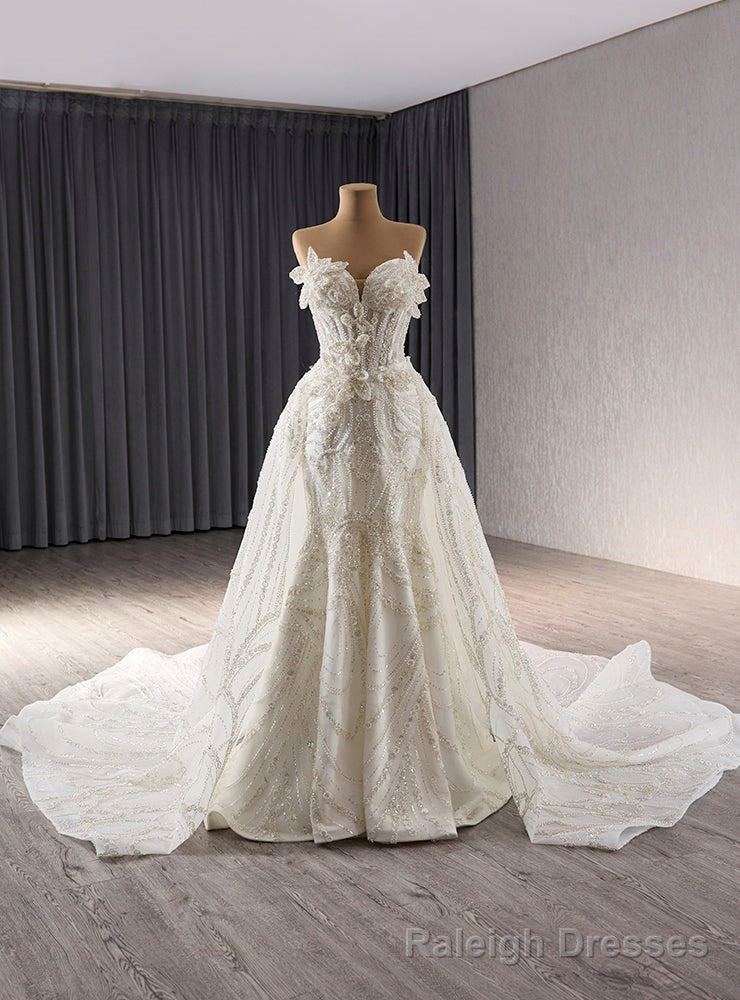 White Mermaid Tulle Strapless Beading Wedding Dress With Detachable Tail Main image