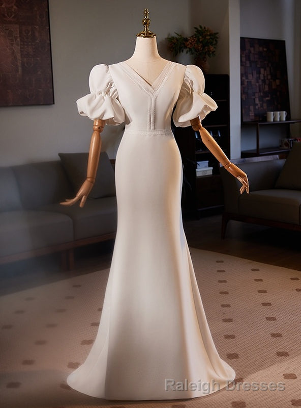 White Mermaid V Neck Short Sleeve Wedding Dress