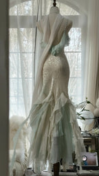 White Mint Green Romantic Fashion Elegant Delicate Beaded Lace Spaghetti Straps Long Tulle Chiffon Ruffle Ball Gown Evening Gown Party Dress