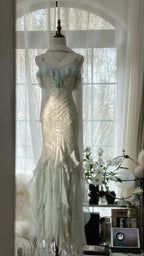 White Mint Green Romantic Fashion Elegant Delicate Beaded Lace Spaghetti Straps Long Tulle Chiffon Ruffle Ball Gown Evening Gown Party Dress