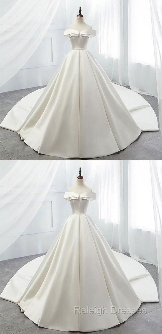 White Off Shoulder Satin Long Prom Dresses White Prom Dresses White Wedding Dresses White Prom Dresses