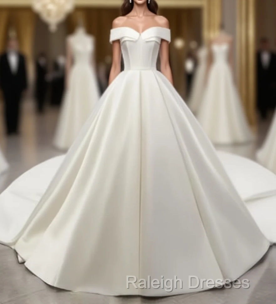 White Off Shoulder Satin Long Prom Dress, White Evening Dress, White Wedding Dress, White Formal Dress