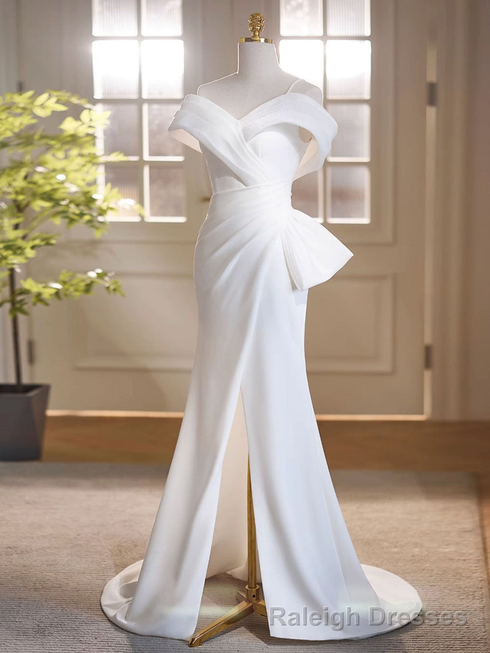 White Off Shoulder Satin Long Prom Dress, White Formal Dress – Raleigh