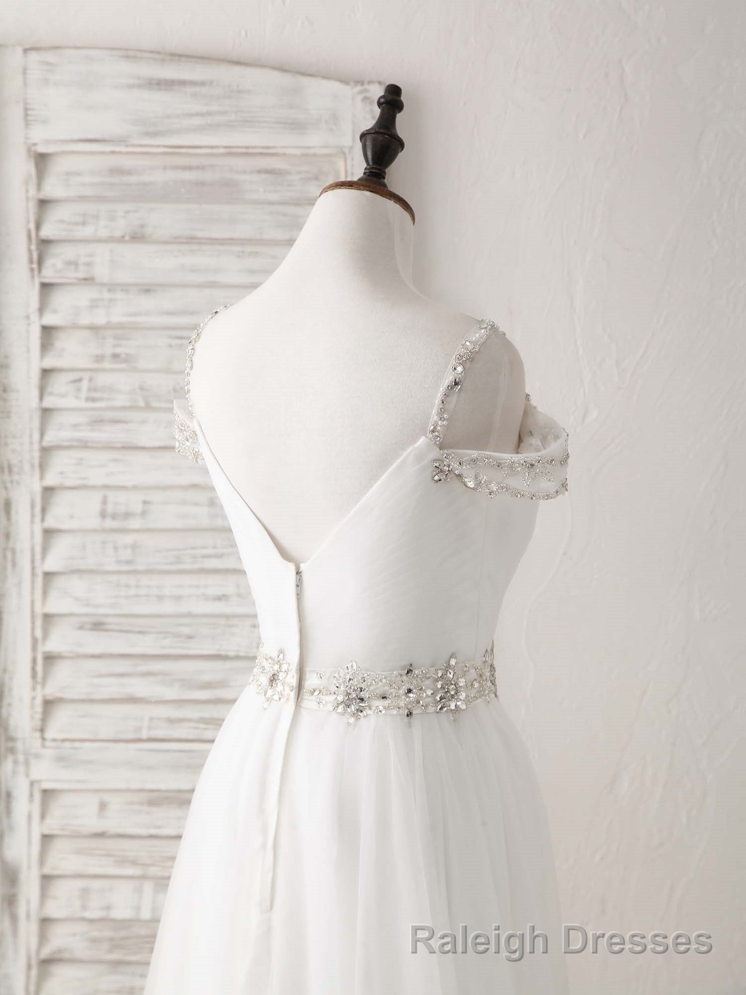 White Off Shoulder Tulle Beads Long Prom Dress White Evening Dress