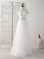 White Off Shoulder Tulle Beads Long Prom Dress White Prom Dress