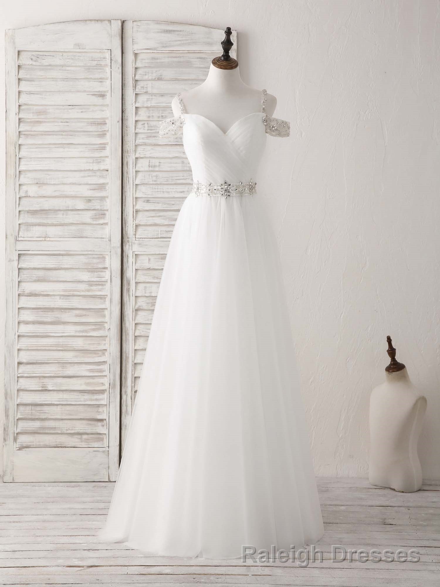 White Off Shoulder Tulle Beads Long Prom Dress White Prom Dress