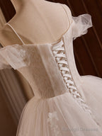 White Off Shoulder Tulle Lace Long Prom Dresses White Long Wedding Dresses