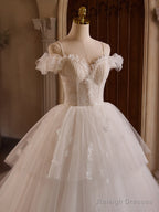 White Off Shoulder Tulle Lace Long Prom Dresses White Long Wedding Dresses