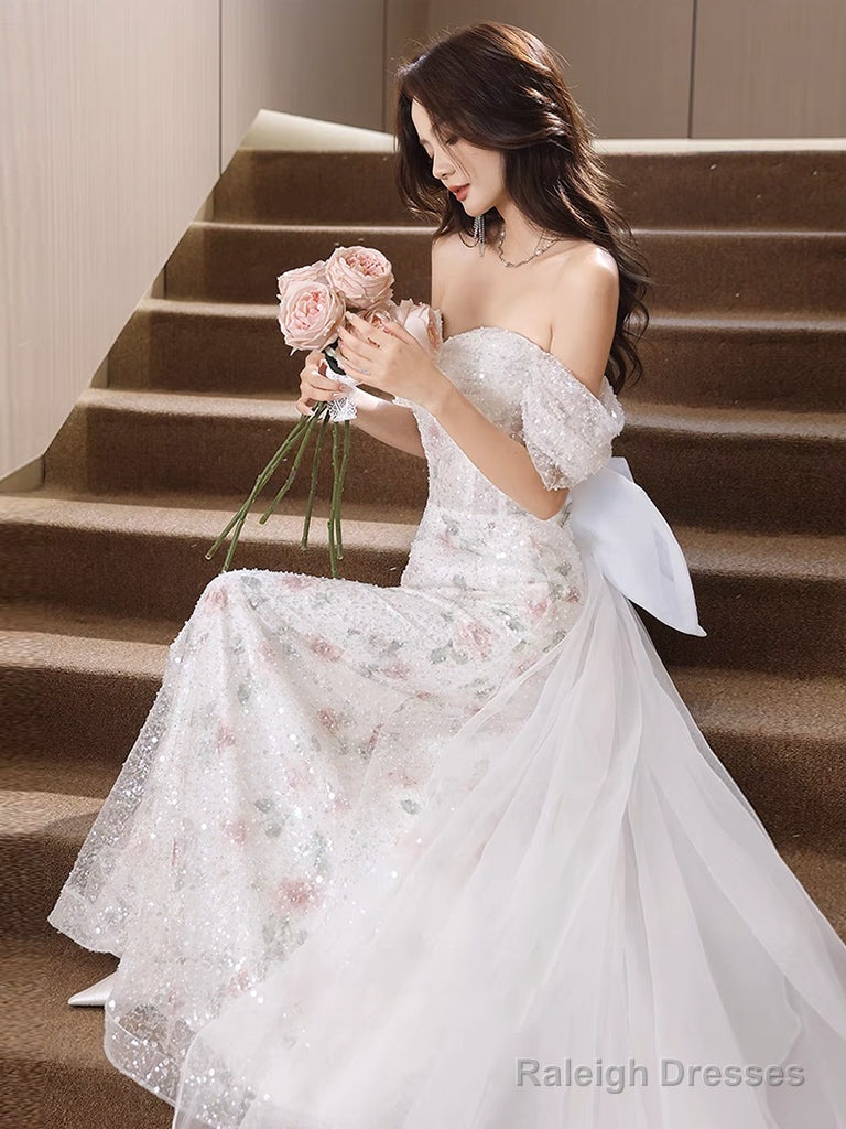 White Off Shoulder Tulle Lace Long Prom Dress, White Tulle Formal Dress