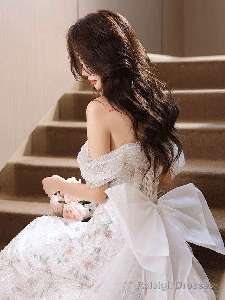 White Off Shoulder Tulle Lace Long Prom Dress, White Tulle Formal Dress