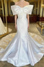 White Off-The-Shoulder Bow Trumpet Long Wedding Dress Pure Color