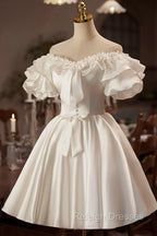 White Off The Shoulder Lace Short Prom Dress, A-Line Satin Knee Length Party Dress