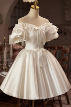 White Off The Shoulder Lace Short Prom Dresses A-Line Satin Knee Length Prom Dresses