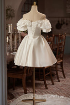 White Off The Shoulder Lace Short Prom Dresses A-Line Satin Knee Length Prom Dresses