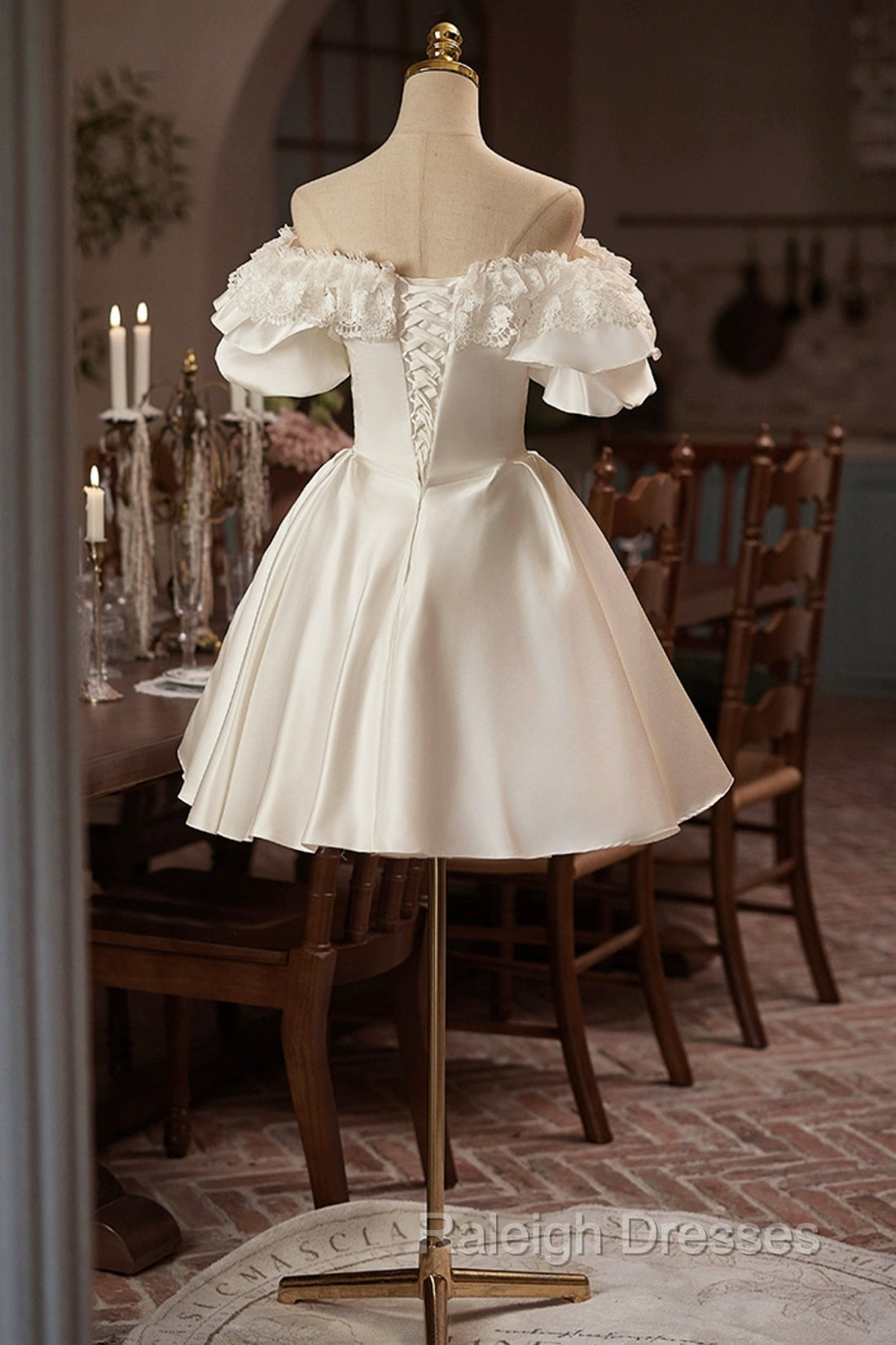 White Off The Shoulder Lace Short Prom Dresses A-Line Satin Knee Length Prom Dresses