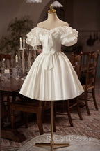 White Off The Shoulder Lace Short Prom Dresses A-Line Satin Knee Length Prom Dresses