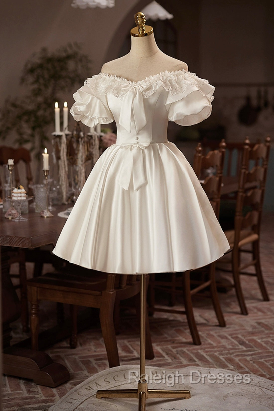 White Off The Shoulder Lace Short Prom Dresses A-Line Satin Knee Length Prom Dresses