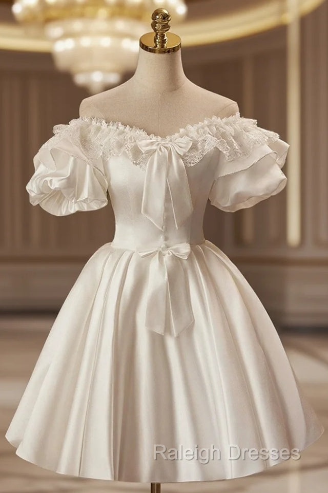 White Off The Shoulder Lace Short Prom Dresses A-Line Satin Knee Length Prom Dresses Main image