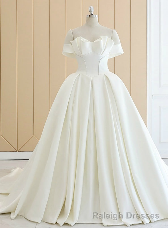 White Off The Shoulder Satin Wedding Dress With Long Train