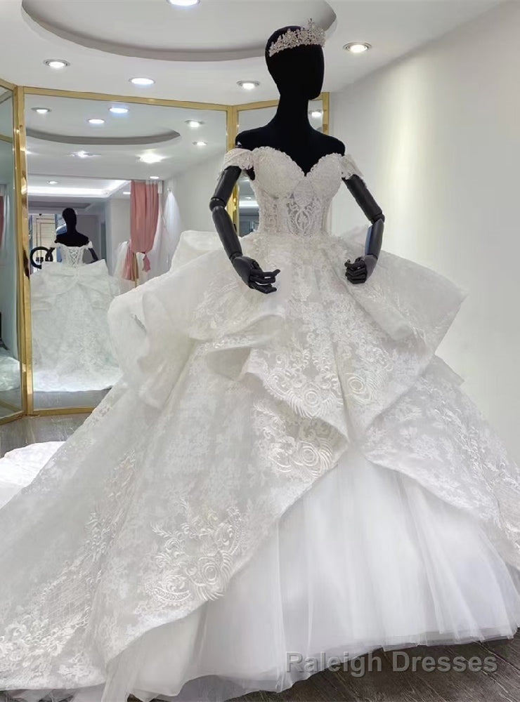White Off the Shoulder Tulle Lace Wedding Dress Main image