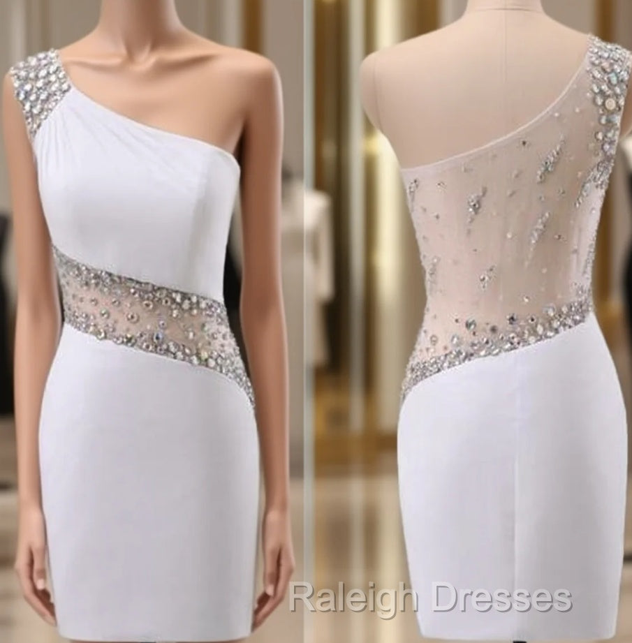 White One Shoulder Sexy Backless Mini Party Dress Beaded Homecoming Dress