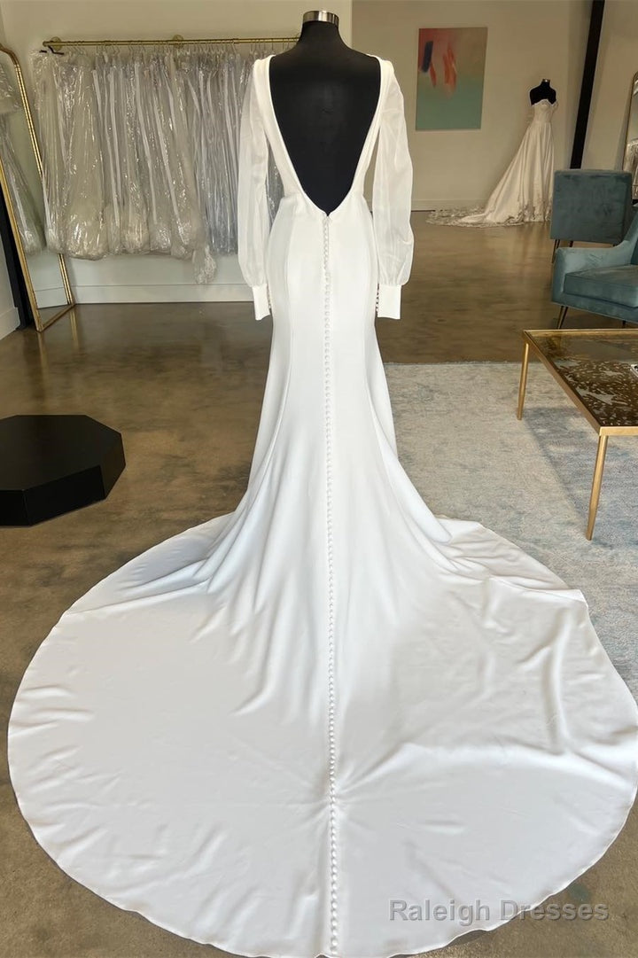 White Open Back Long Wedding Dresses With Long Sleeves Pure Color