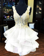White Organza Ruffles Dresses With Gold Lace