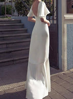 White Prom Dresses Half Sleeve Prom Dresses V Neck Prom Dresses