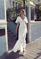 White Prom Dresses Half Sleeve Prom Dresses V Neck Prom Dresses