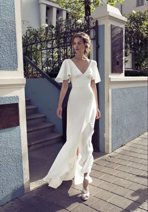 White Prom Dresses Half Sleeve Prom Dresses V Neck Prom Dresses