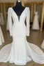 White Plunge V Open Back Long Wedding Dress With Long Sleeves Sexy
