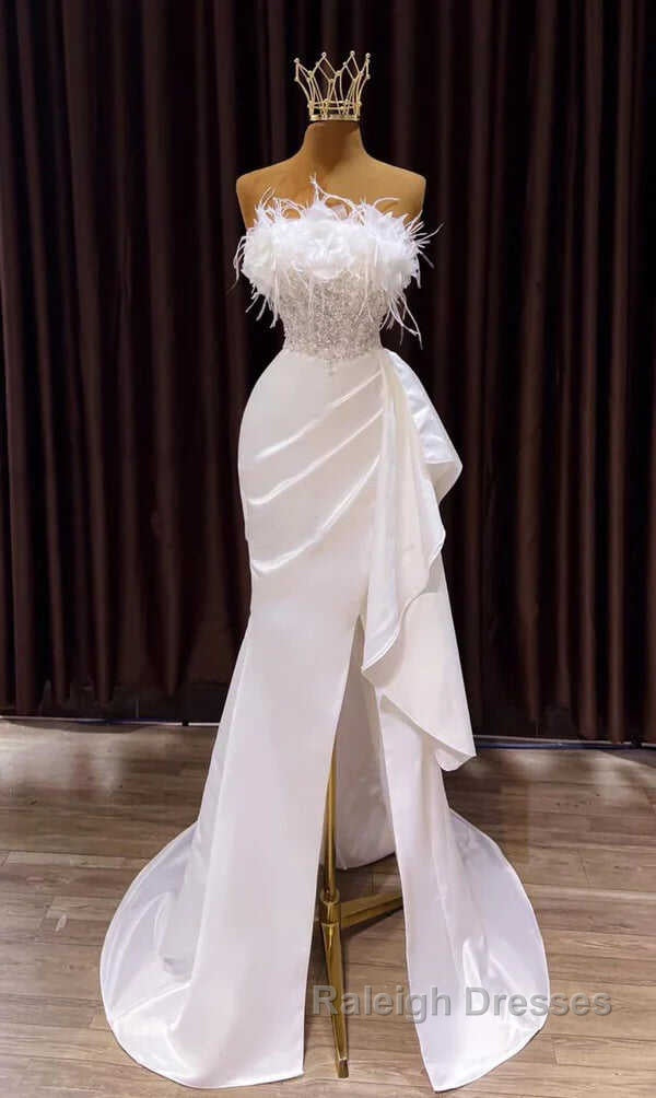 White Prom Dress, Vintage Mermaid Long Slit White Wedding Dresses