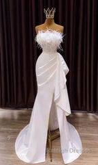 White Prom Dresses Vintage Mermaid Long Slit White Wedding Dress