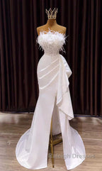 White Prom Dress, Vintage Mermaid Long Slit White Wedding Dresses